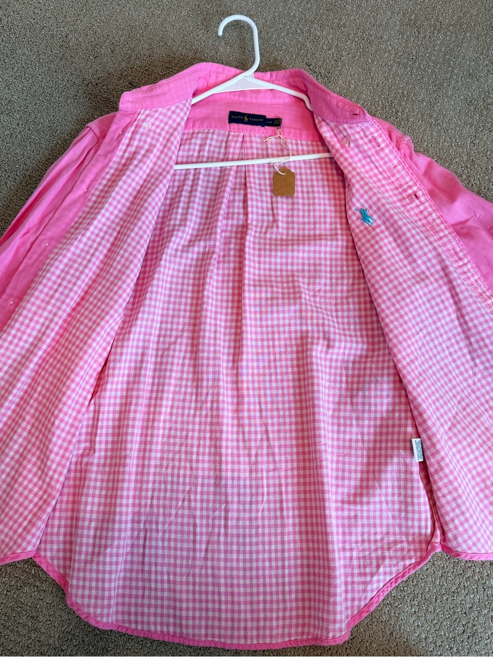 Ralph Lauren Pink Cotton Button Down Shirt with Inside Gingham Print Large NWOT - Picture 9 of 14